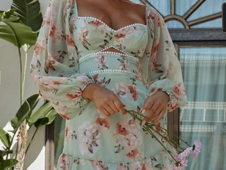 Catch Feelings Sweetheart Neckline Dot Trim Dress Rose Print Mint Fashion