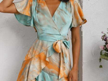 Cami Angel Sleeve Faux Wrap Dress Tie-Dye Print Aqua Orange Online Hot Sale