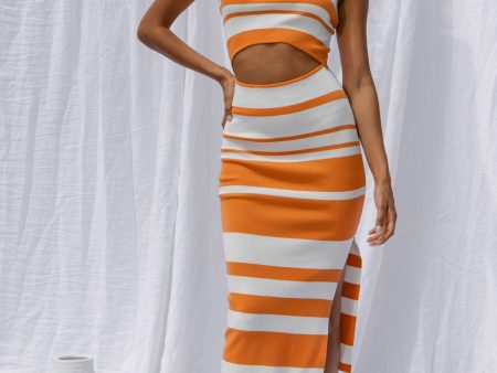 Dayana Cut-Out Waist Side Split Knit Midi Dress Striped Orange For Cheap