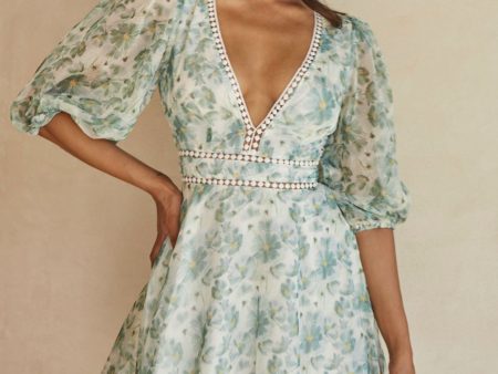 Carson Balloon Sleeve Crochet Trim Detail Dress Floral Print Green Supply