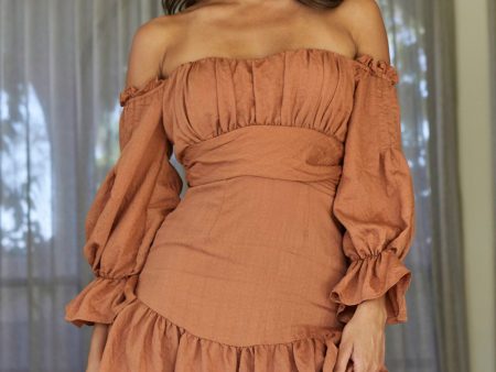 By My Side Off-Shoulder Balloon Sleeve Dress Tan Discount