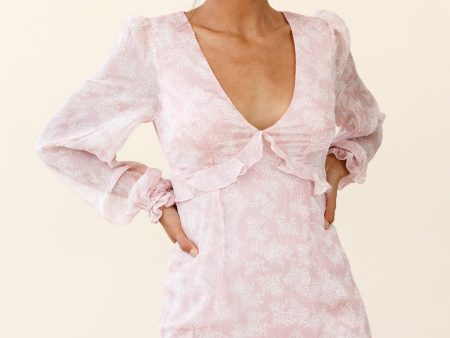 Amarantha Sheer Balloon Sleeve Frill Trim Dress Floral Print Pink Hot on Sale