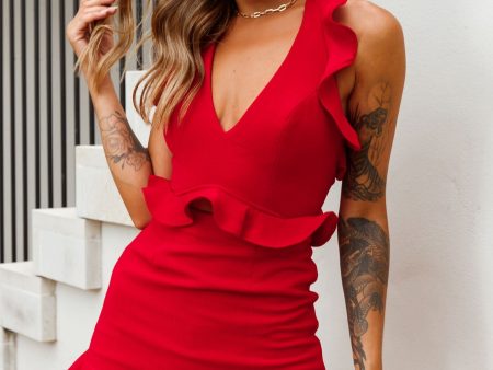 Always Late Cut-Out Waist Ruffle Halterneck Dress Red Online Hot Sale