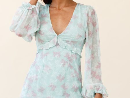 Amarantha Sheer Balloon Sleeve Frill Trim Dress Floral Print Mint Cheap