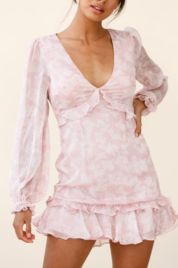 Amarantha Sheer Balloon Sleeve Frill Trim Dress Floral Print Pink Hot on Sale