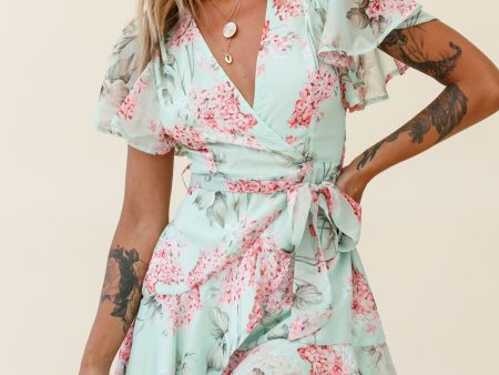 Cami Angel Sleeve Faux Wrap Dress Hydrangea Print Mint Pink Online Sale