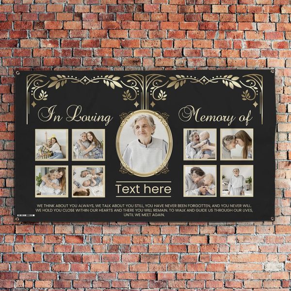 In Loving Memory - Gold & Black - Personalised Photo 5ft x 3ft Fabric Banner Hot on Sale