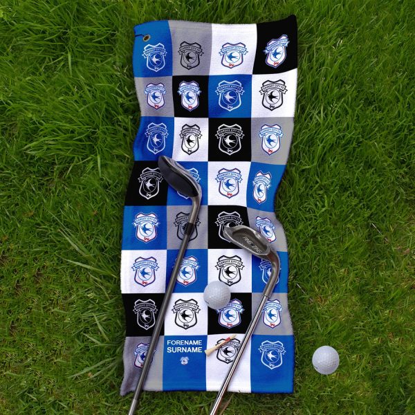 Cardiff City FC - Chequered - Name and Number Lightweight, Microfibre Golf Towel - Officially Licenced on Sale