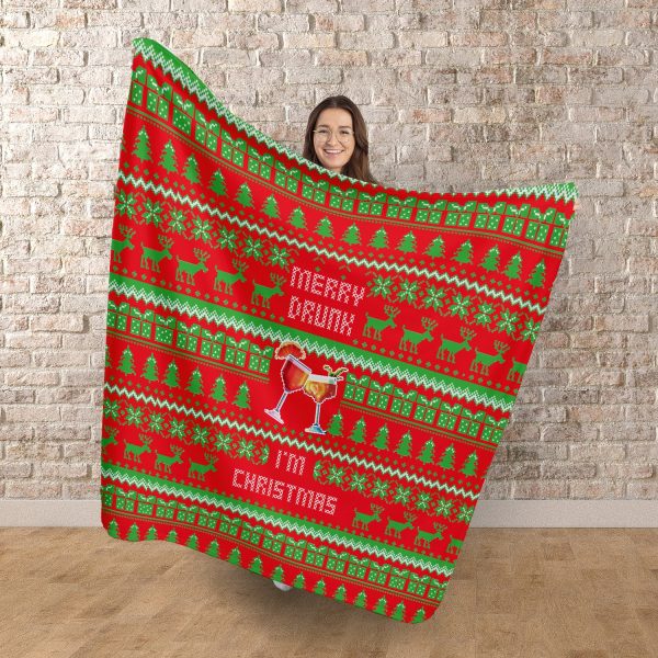 Merry Drunk, I m Christmas - Xmas Jumper - Fleece Blanket on Sale