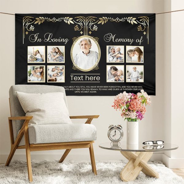 In Loving Memory - Gold & Black - Personalised Photo 5ft x 3ft Fabric Banner Hot on Sale