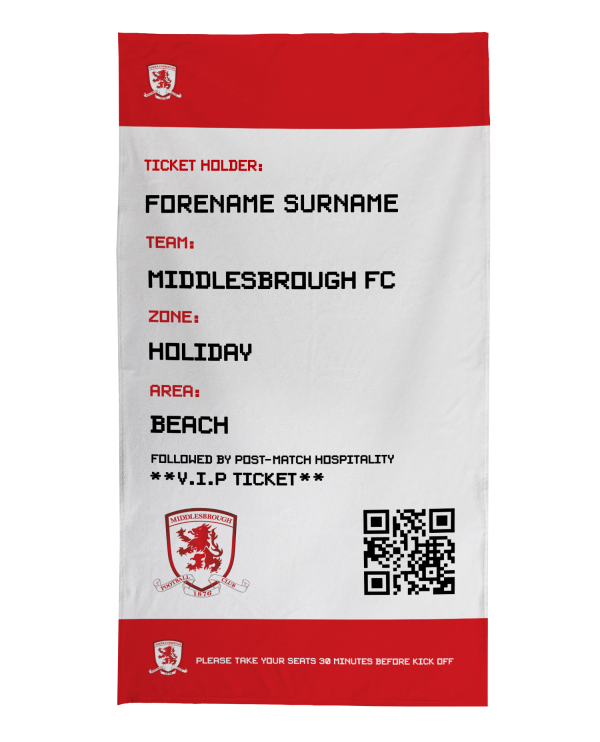 Middlesbrough FC - Ticket Personalised Lightweight, Microfibre Beach Towel - 150cm x 75cm - Officially Licenced Sale