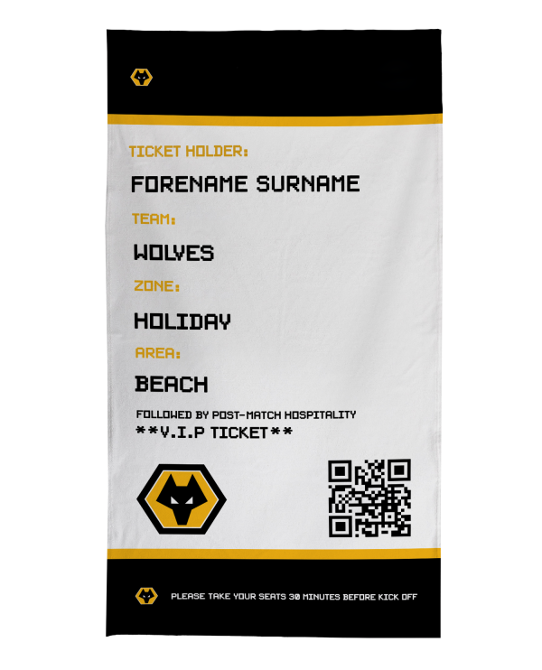 Wolves - Ticket Personalised Lightweight, Microfibre Beach Towel - 150cm x 75cm - Officially Licenced on Sale