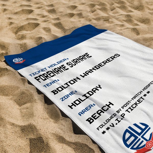 Bolton Wanderers - Ticket Personalised Lightweight, Microfibre Beach Towel - 150cm x 75cm - Officially Licenced For Discount