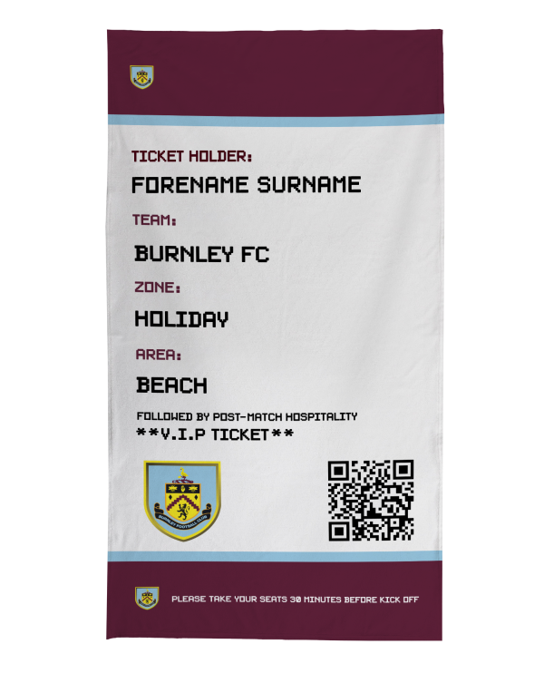 Burnley FC - Ticket Personalised Beach Towel - 150cm x 75cm - Officially Licenced Fashion